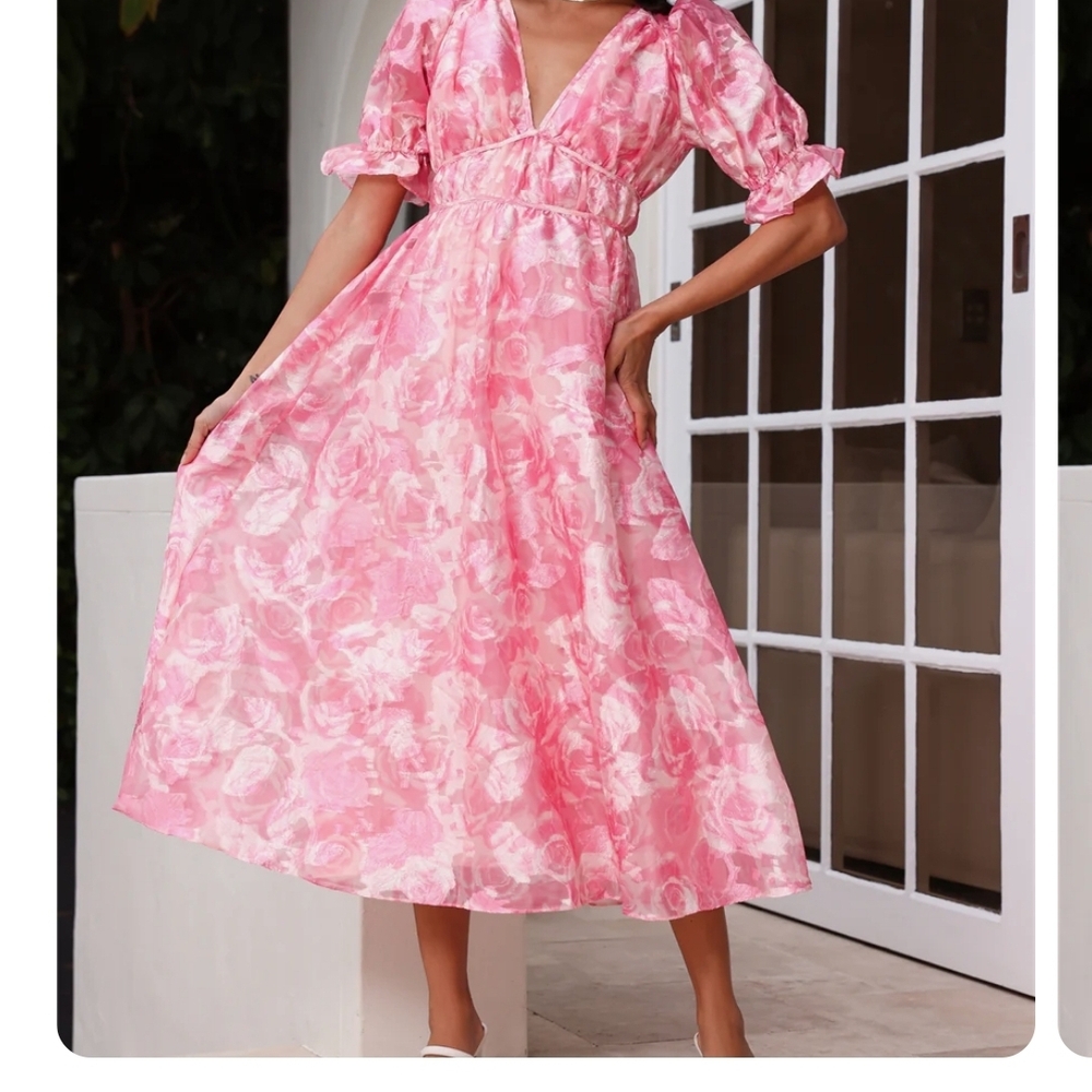 Statement To Make Puff Sleeve Midi Dress Pink-Large
